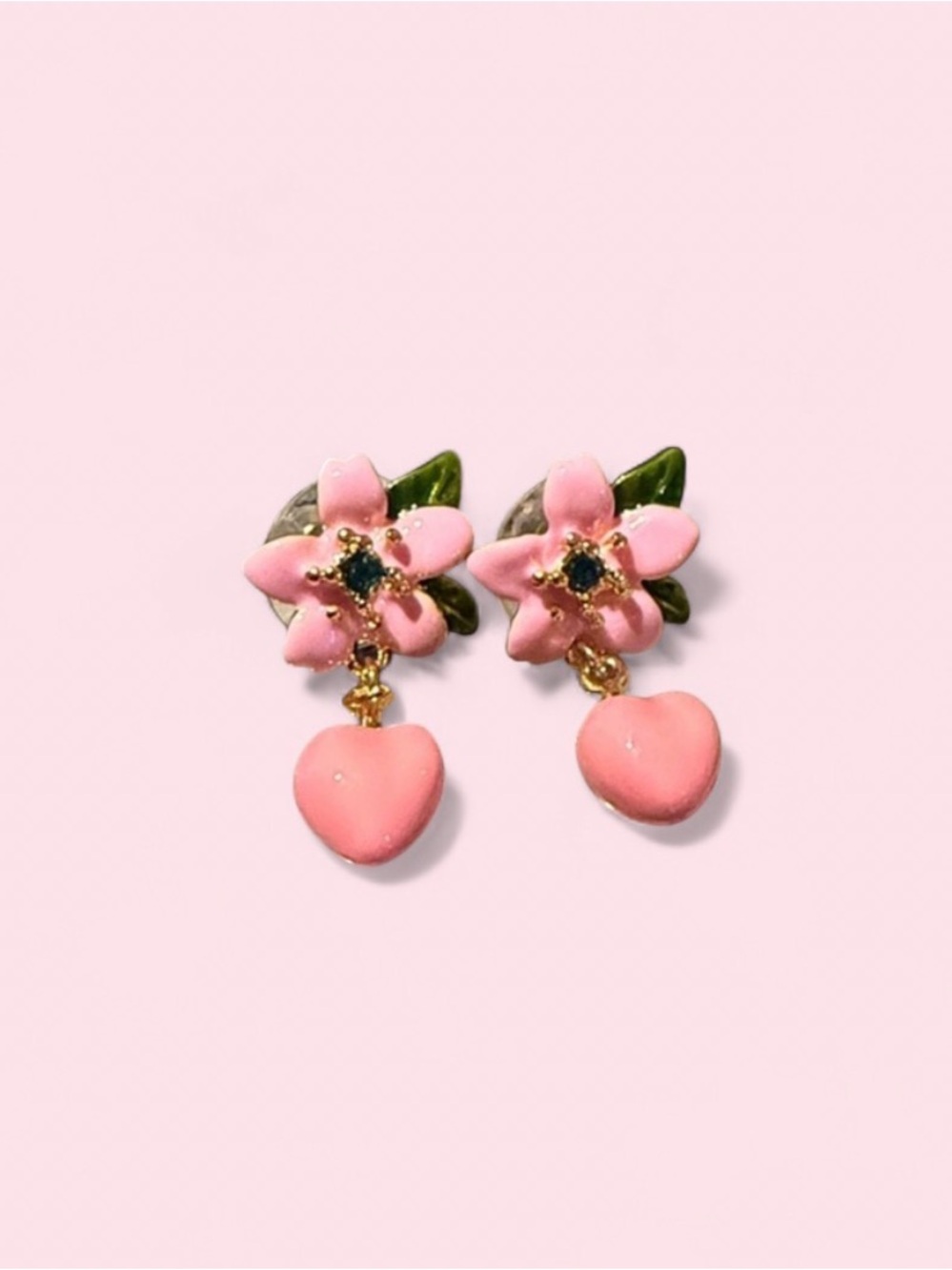 kate spade Pink Floral Drop Earrings with Green Leaves and Gold Accents